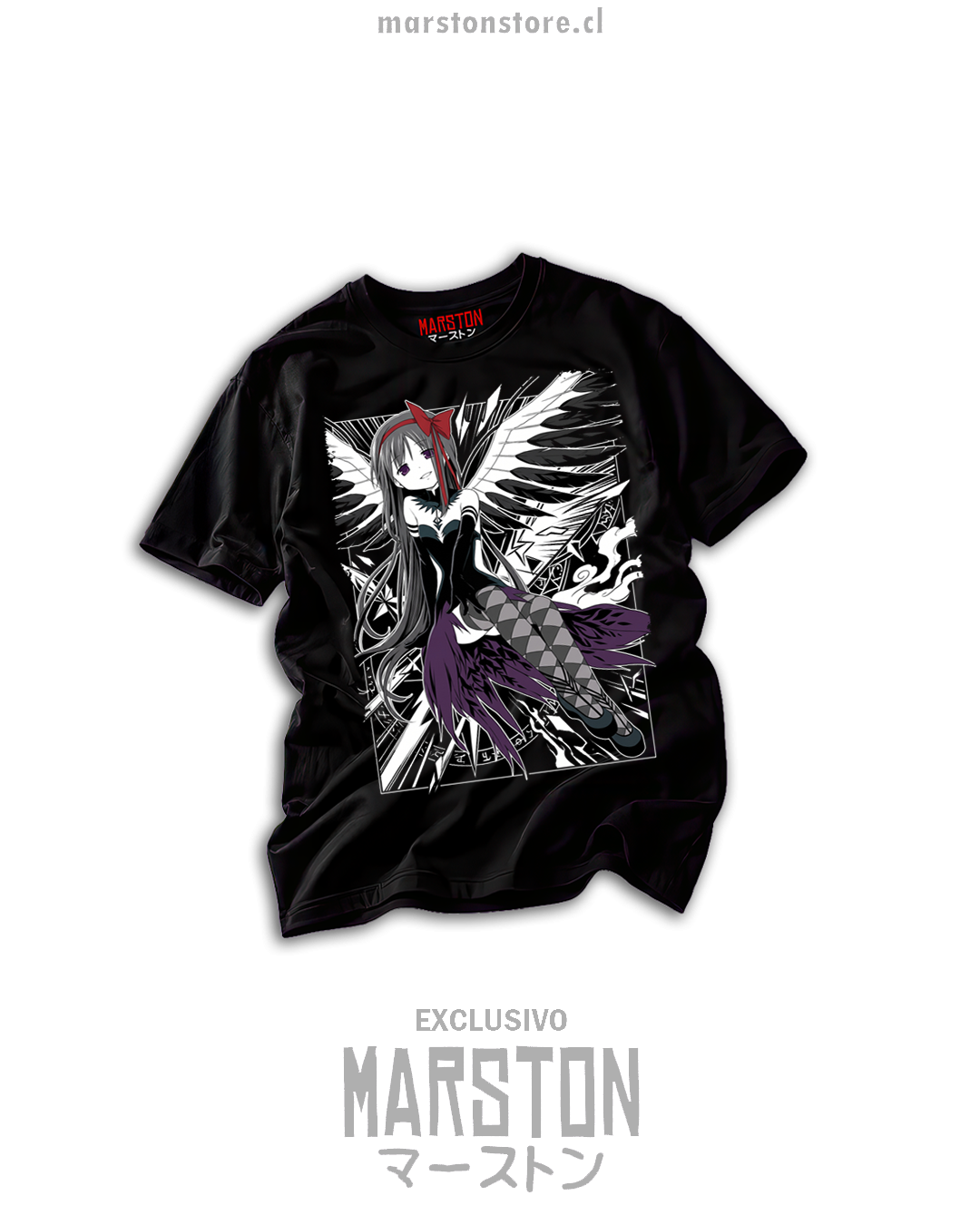 Polera negra Puella Magi Madoka Magica con Homura Akemi y alas