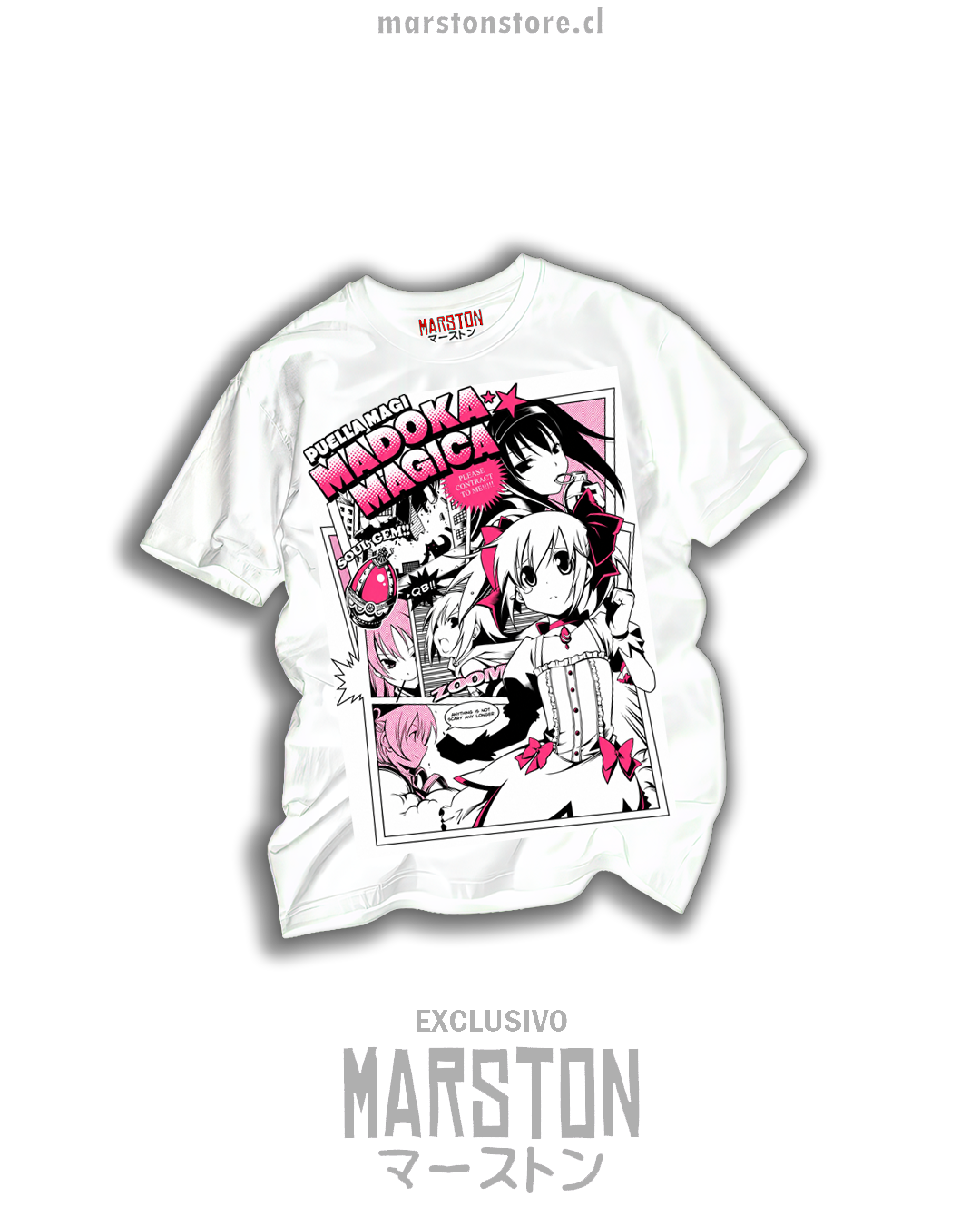 Polera blanca Puella Magi Madoka Magica con Madoka Kaname y Homura Akemi en estilo manga