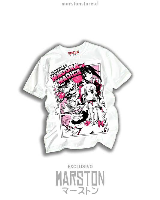 Polera blanca Puella Magi Madoka Magica con Madoka Kaname y Homura Akemi en estilo manga