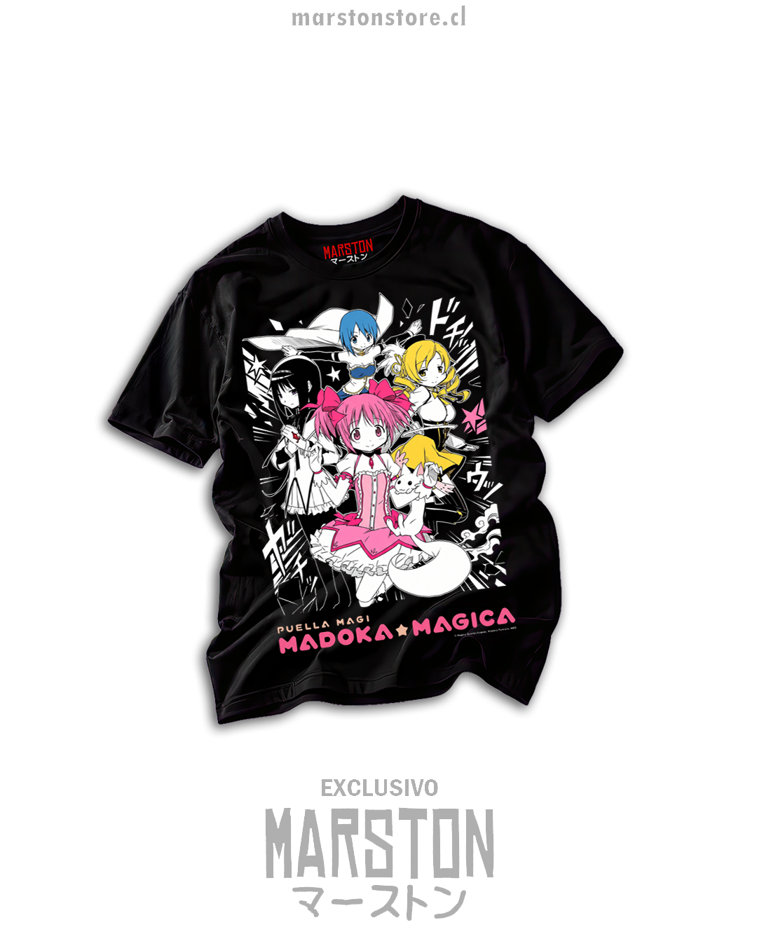 Polera negra Puella Magi Madoka Magica con personajes principales