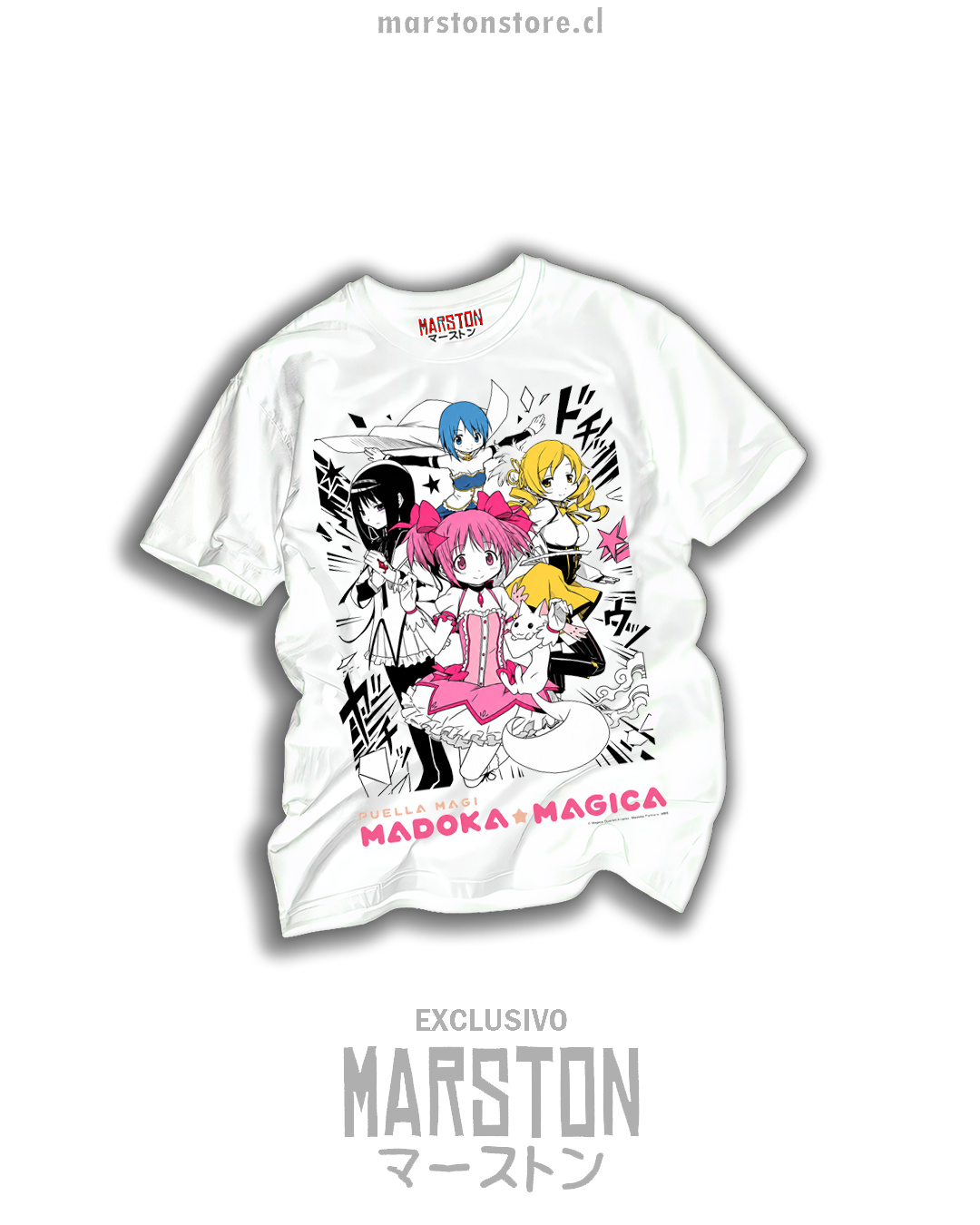Polera blanca Puella Magi Madoka Magica con Madoka Kaname, Homura Akemi, Sayaka Miki, Mami Tomoe y Kyubey