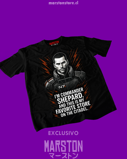 Polera negra Mass Effect con diseño de Commander Shepard