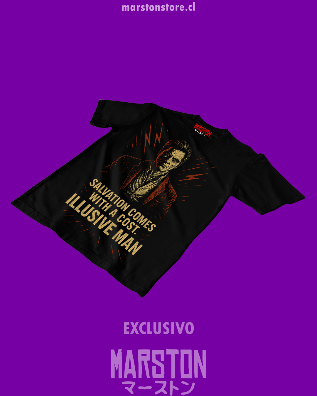 Polera negra Mass Effect con diseño del Illusive Man