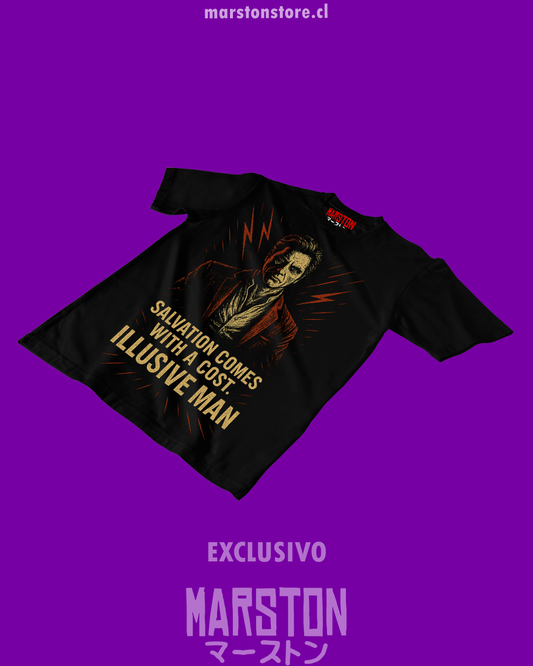 Polera negra Mass Effect con diseño del Illusive Man