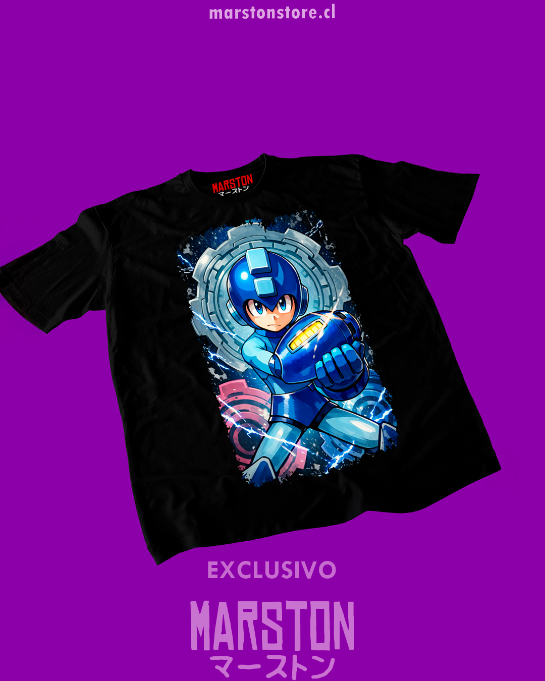 Polera negra con diseño de Mega Man