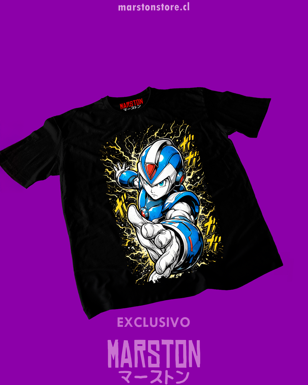 Polera negra con diseño de Mega Man