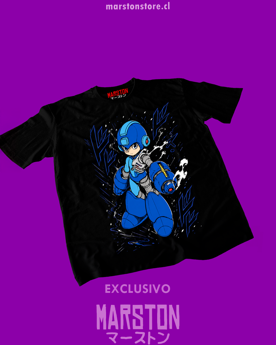 Polera negra con diseño de Mega Man