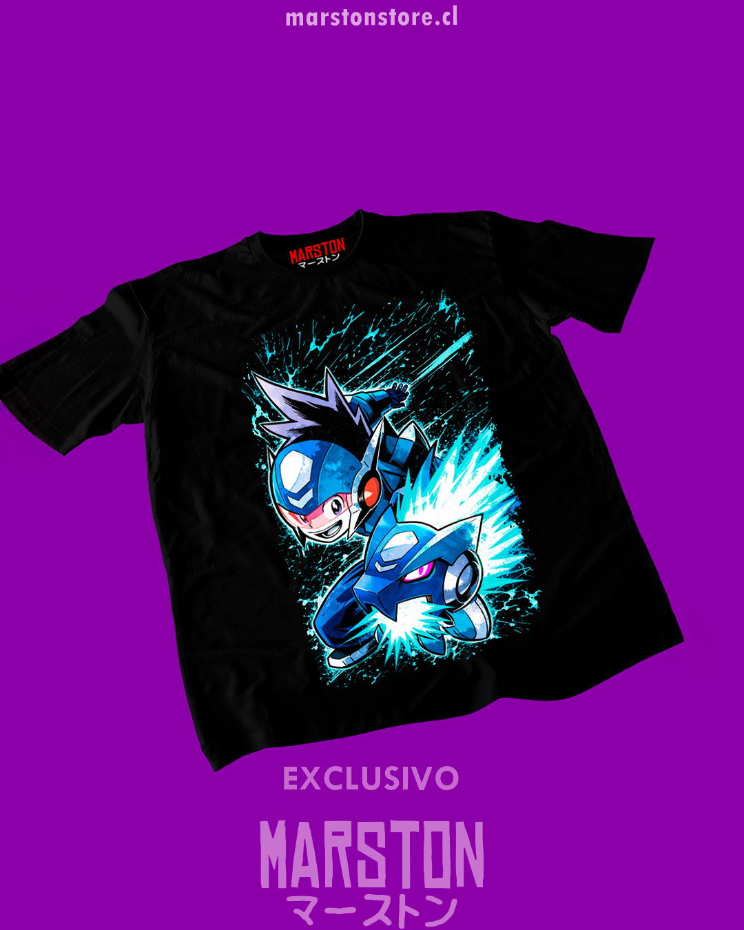 Polera negra con diseño de Mega Man Star Force