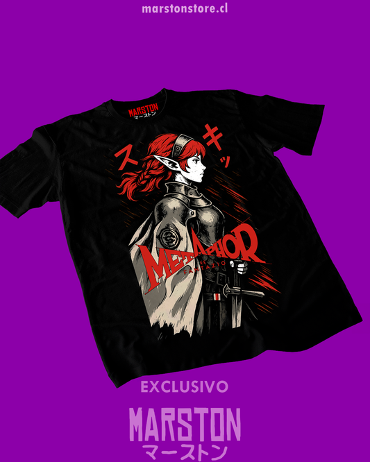 Polera negra Metaphor: ReFantazio con diseño de Hulkenberg