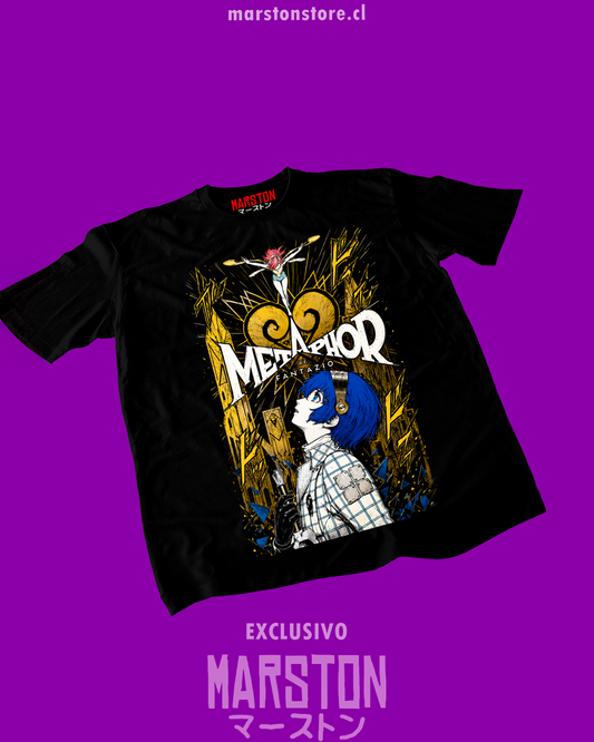 Polera negra con diseño de Metaphor: ReFantazio