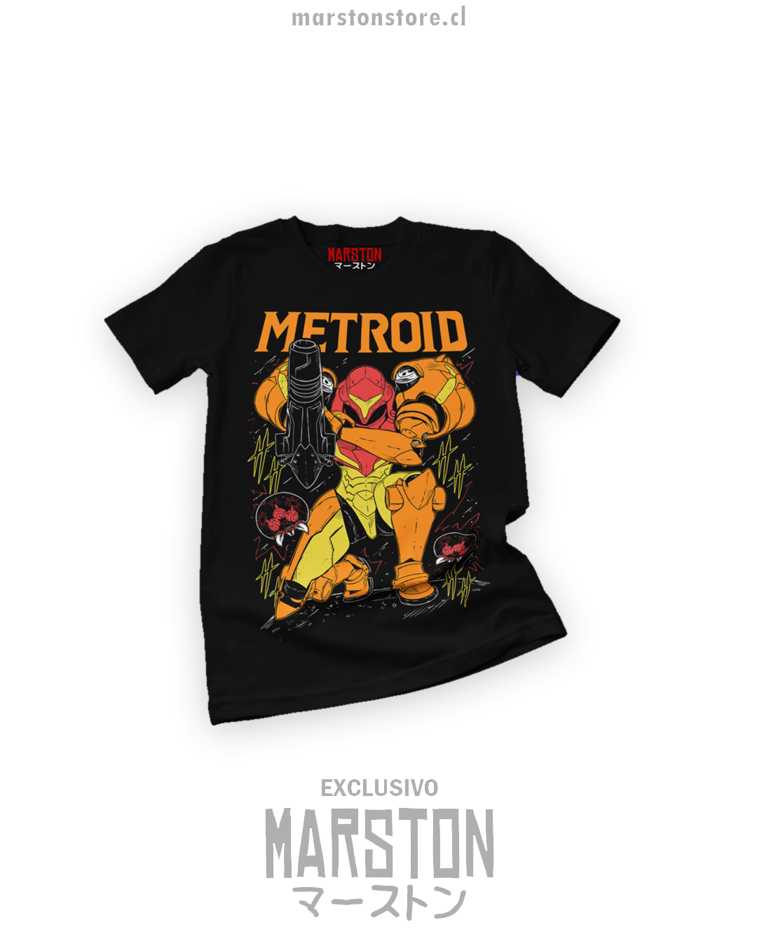 Polera negra con diseño de Metroid