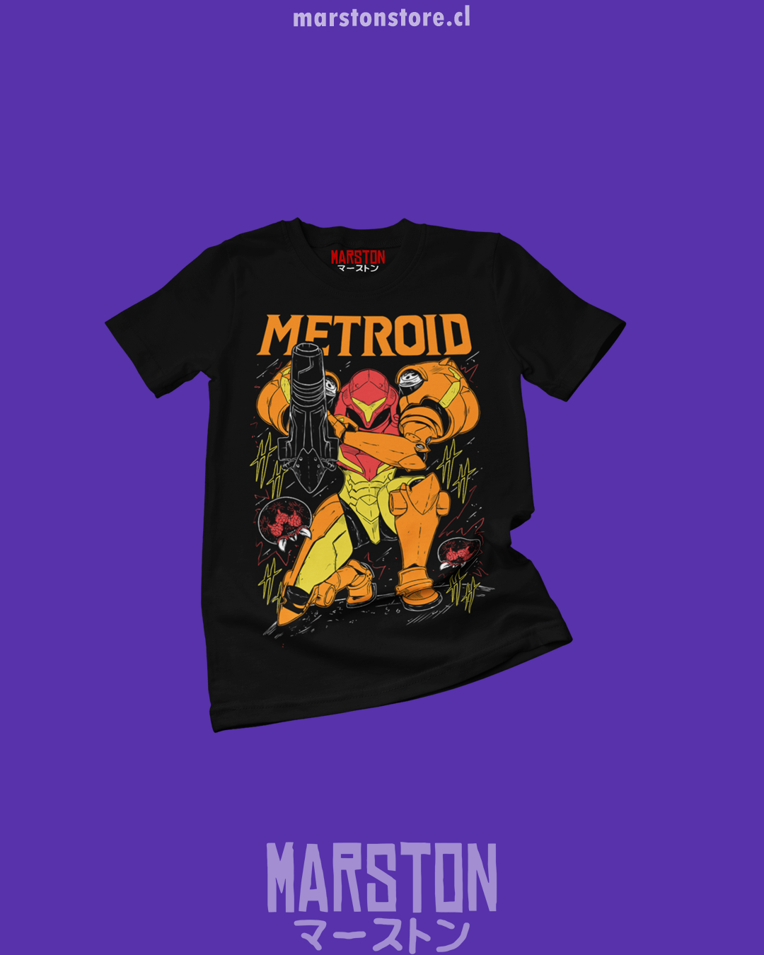 Polera negra con diseño de Metroid