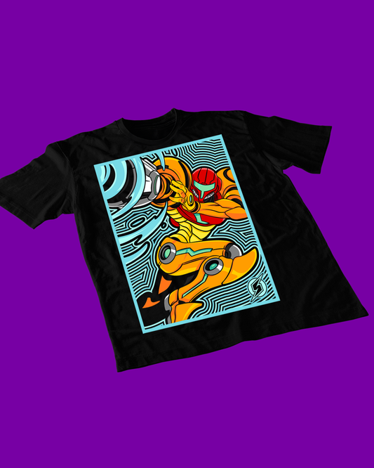 Polera negra con diseño de Metroid
