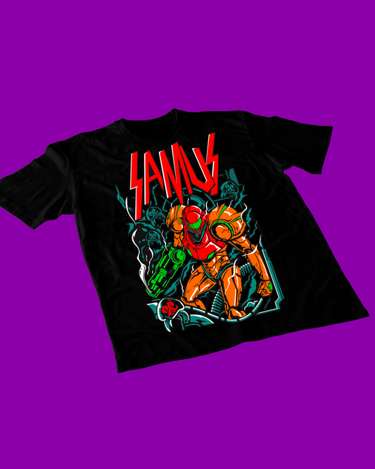 Polera negra con diseño de Metroid