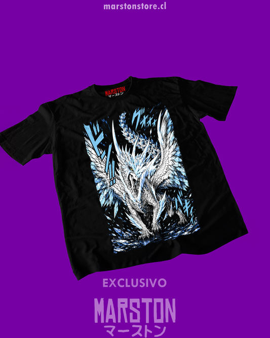 Polera negra Monster Hunter con diseño de Velkhana