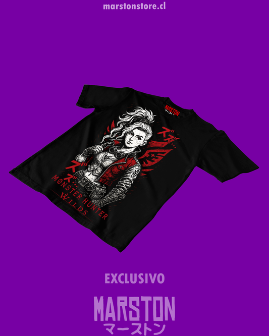 Polera negra con diseño de Monster Hunter Wilds