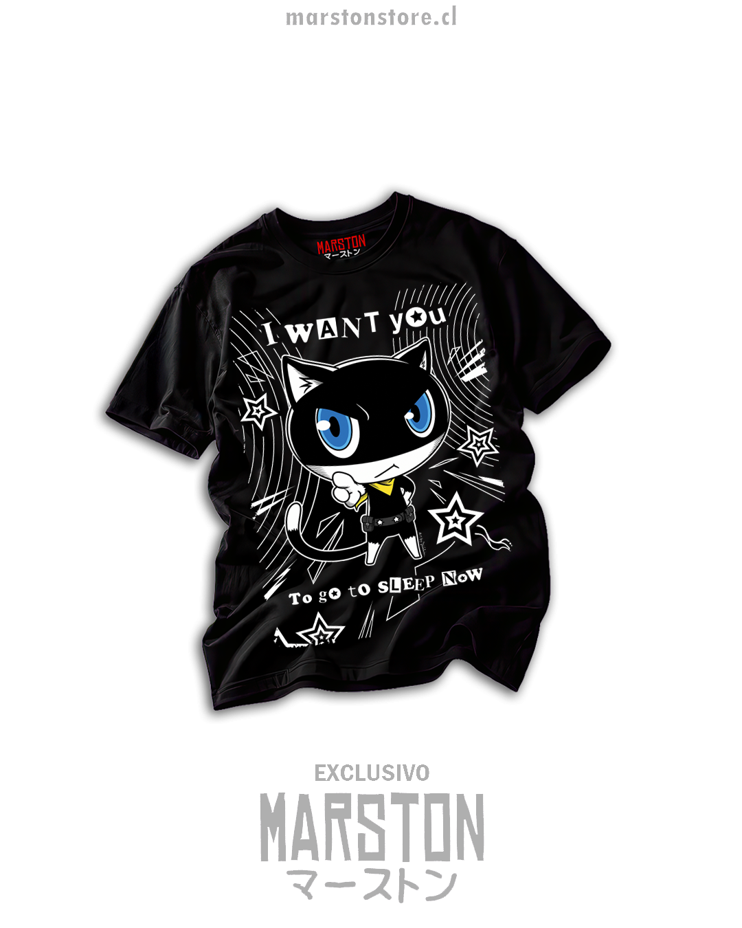 Polera negra Persona 5 con Morgana y el mensaje I want you to sleep now