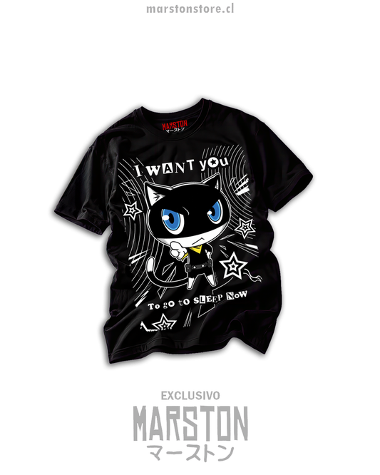Polera negra Persona 5 con Morgana y el mensaje I want you to sleep now