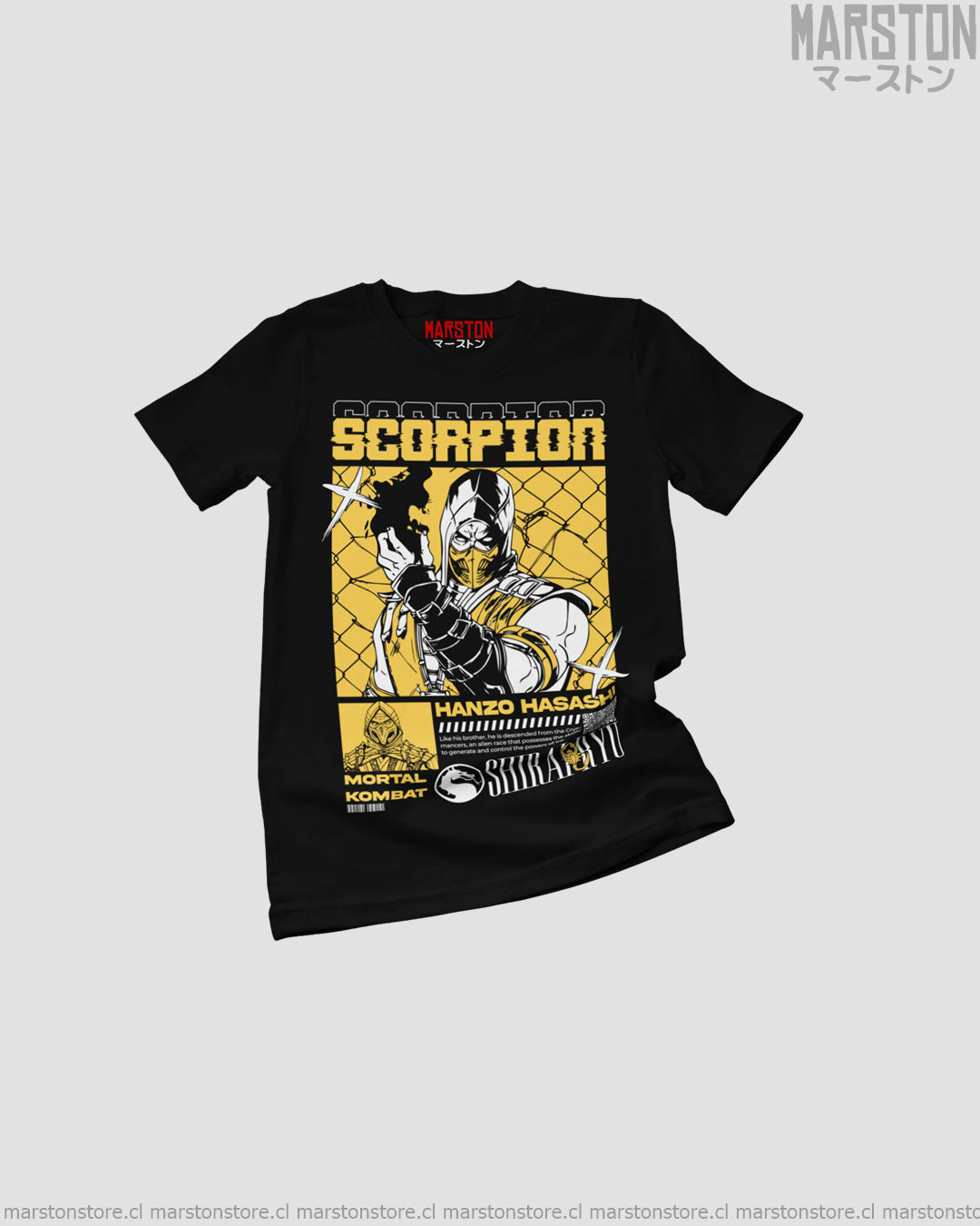 Polera negra Mortal Kombat con diseño de Scorpion