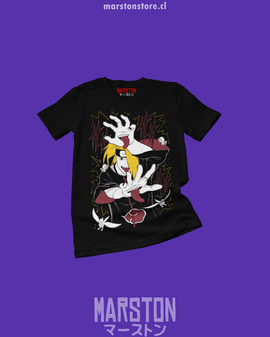 Polera negra Naruto con diseño de Deidara