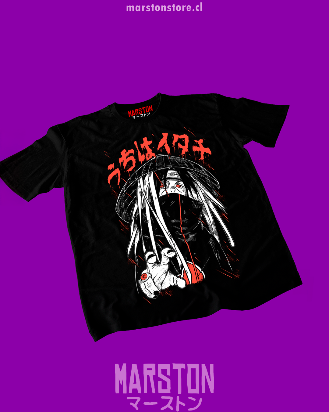 Polera negra Naruto con diseño de Itachi Uchiha