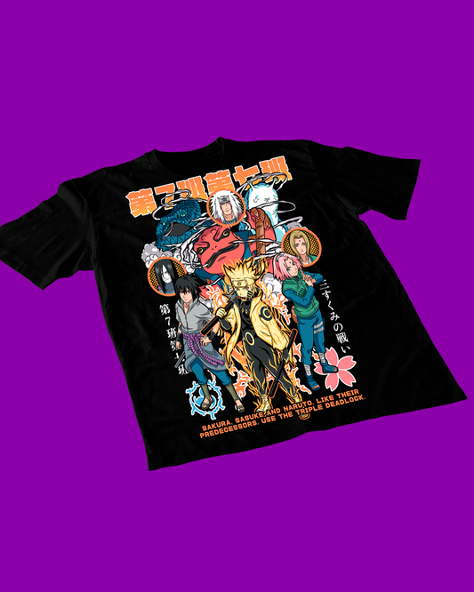 Polera negra Naruto con Jiraiya, Orochimaru, Tsunade, Naruto Uzumaki, Sasuke Uchiha y Sakura Haruno