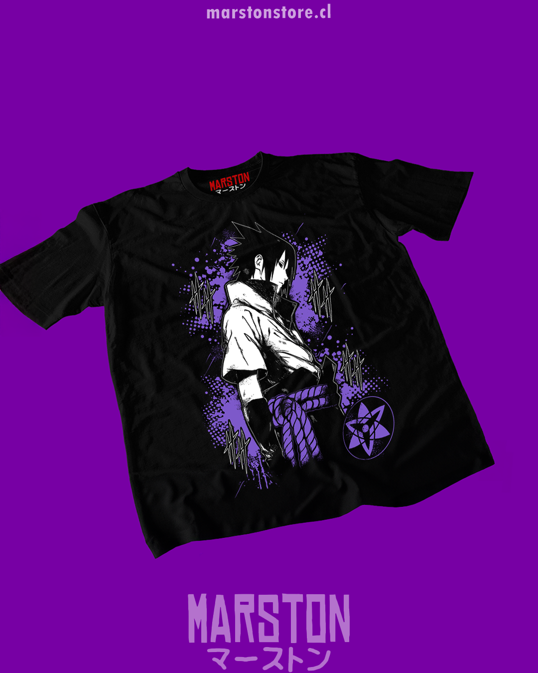 Polera negra Naruto con diseño de Sasuke Uchiha