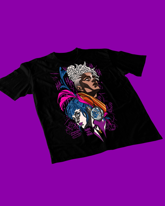 Polera negra de Arcane con Jinx y Ekko
