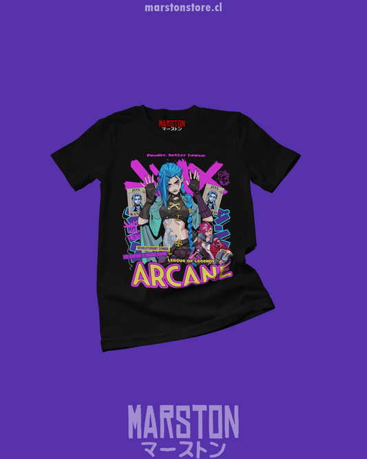 Polera negra de Arcane con Jinx y Vi