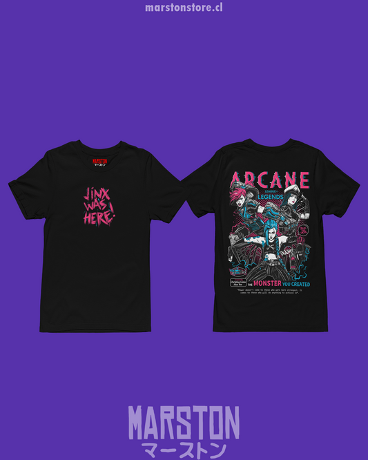 Polera negra de Arcane con Jinx, Vi y Caitlyn Kiramman