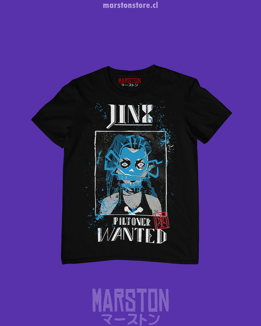 Polera negra de Arcane con Jinx en diseño Wanted