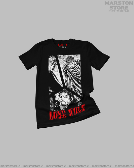 Polera negra crossover con Guts, Musashi y Thorfinn