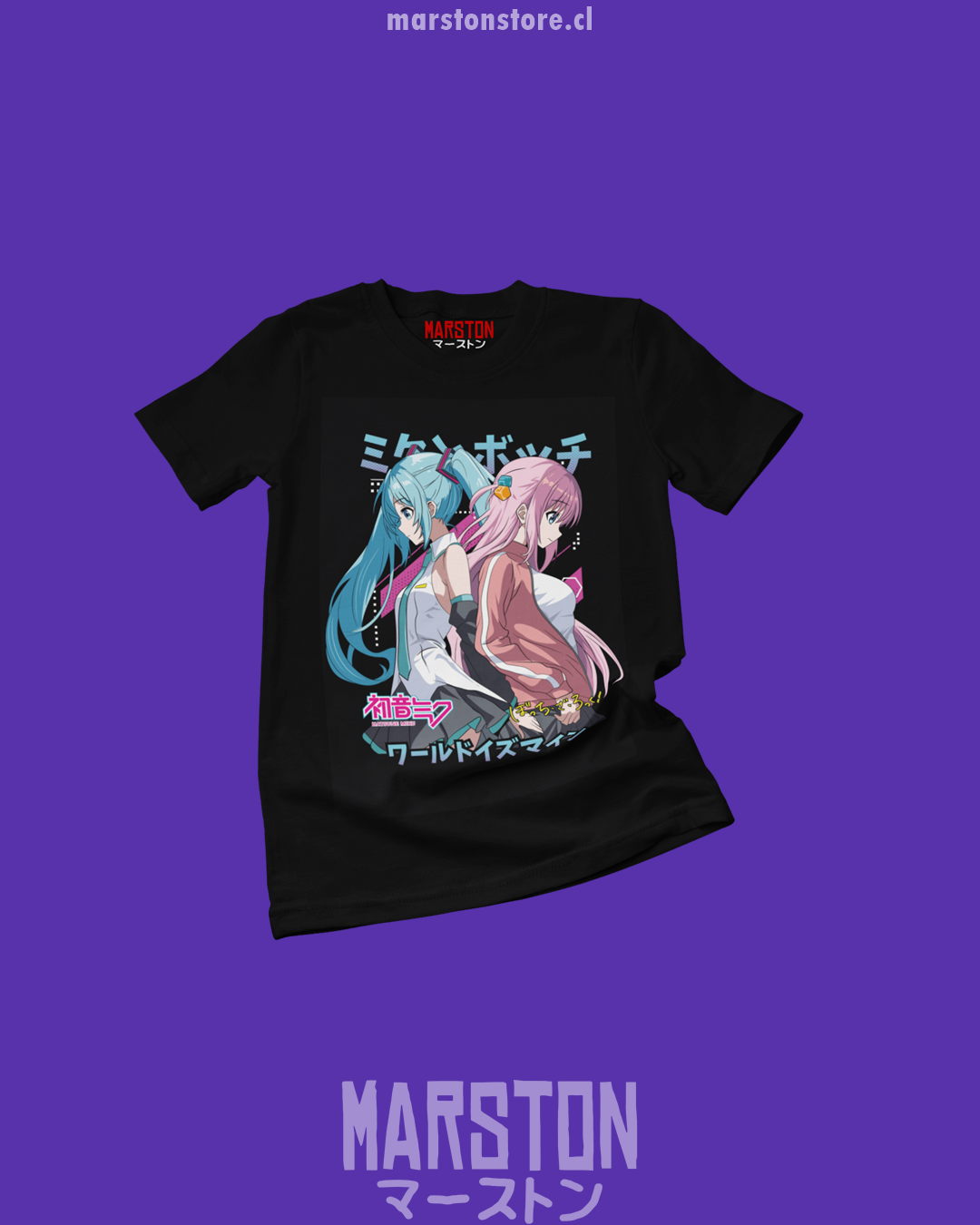 Polera negra crossover de Bocchi the Rock! y Hatsune Miku