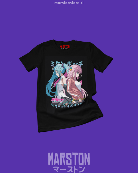 Polera negra crossover de Bocchi the Rock! y Hatsune Miku