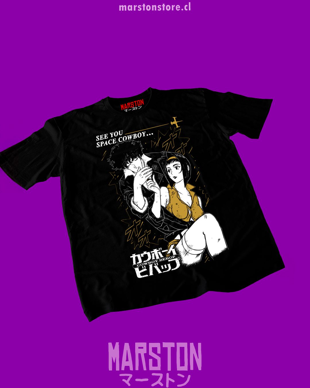 Polera negra de Cowboy Bebop con Faye Valentine y Spike Spiegel