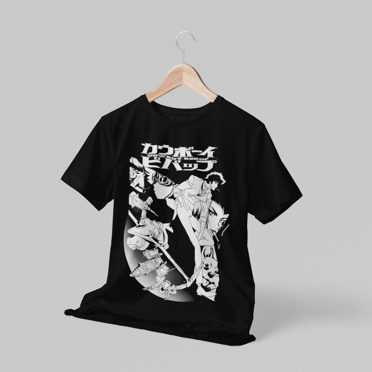 Polera negra de Cowboy Bebop con Faye Valentine, Spike Spiegel, Edward Wong (Ed) y Jet Black