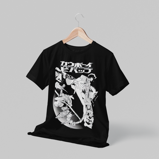 Polera negra de Cowboy Bebop con Faye Valentine, Spike Spiegel, Edward Wong (Ed) y Jet Black