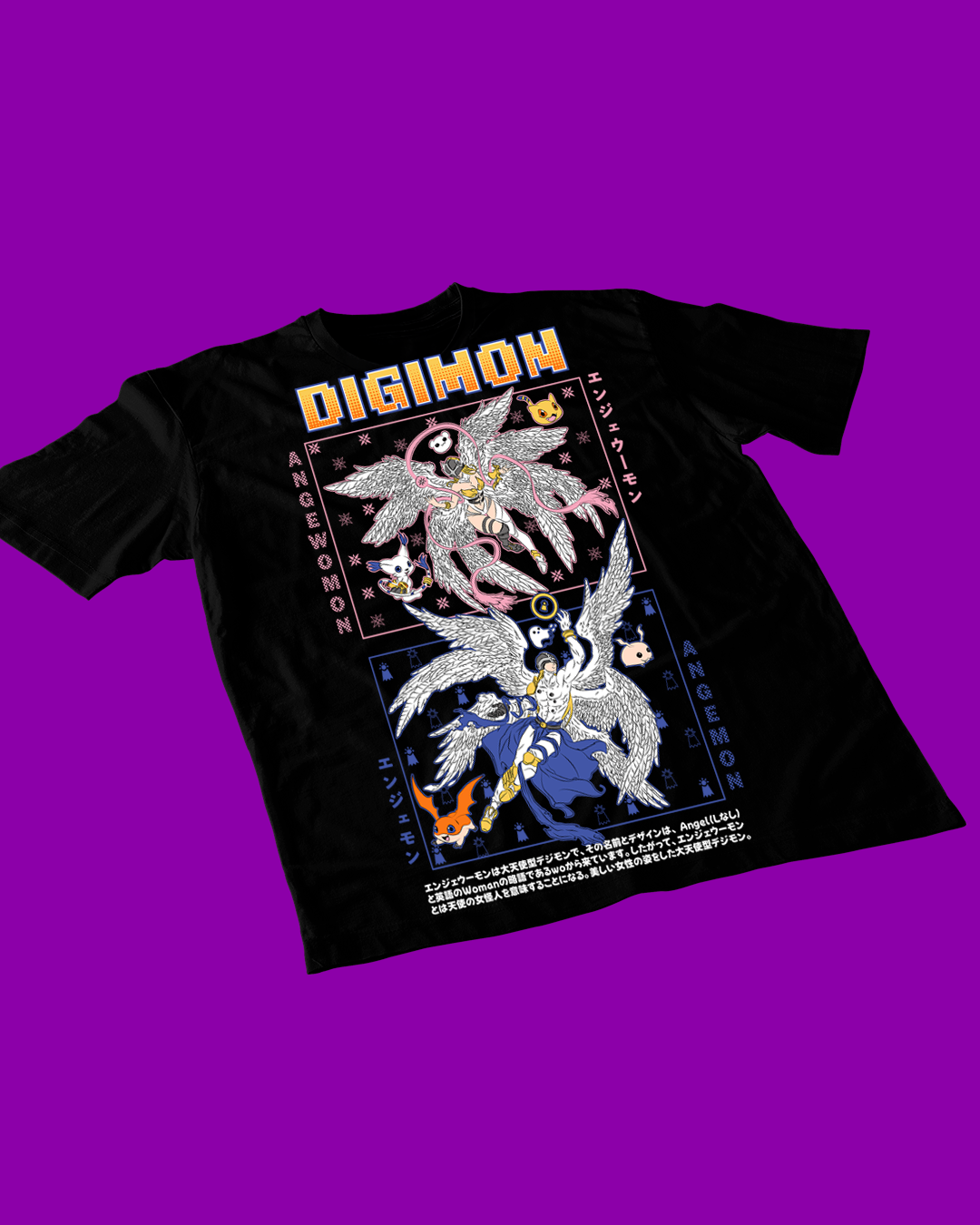 Polera negra de Digimon con Angewomon y Angemon