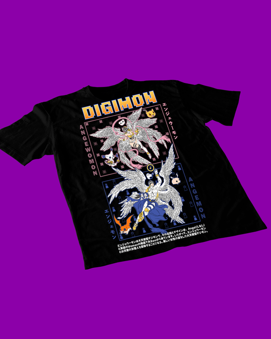 Polera negra de Digimon con Angewomon y Angemon