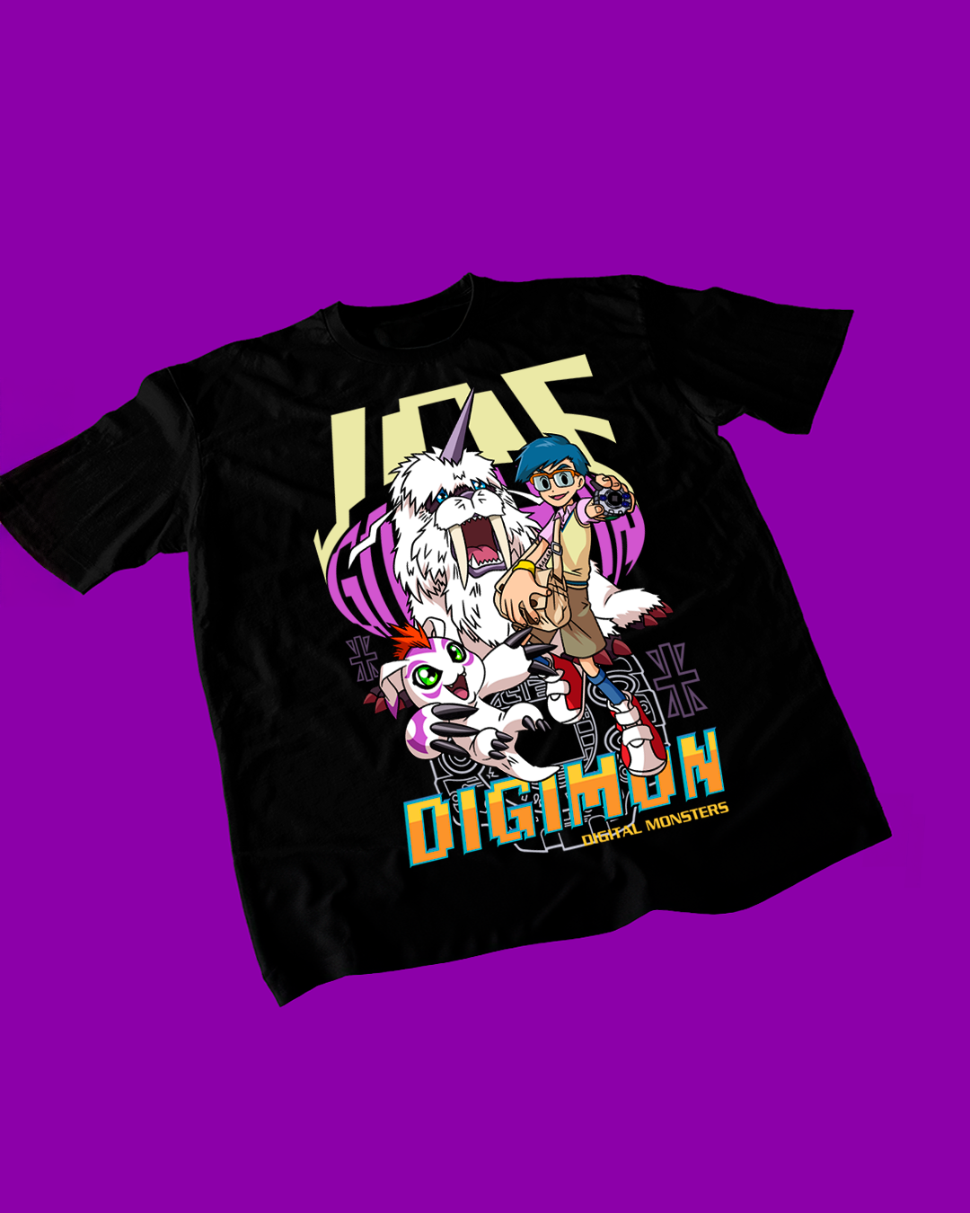 Polera negra de Digimon con Joe Kido y Gomamon