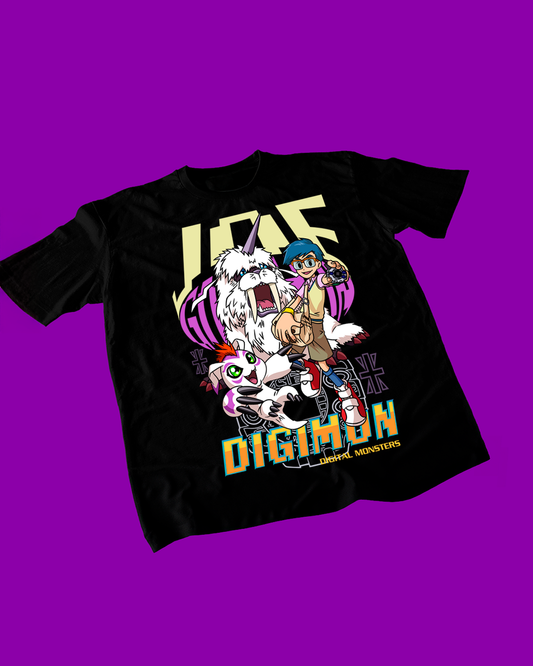 Polera negra de Digimon con Joe Kido y Gomamon