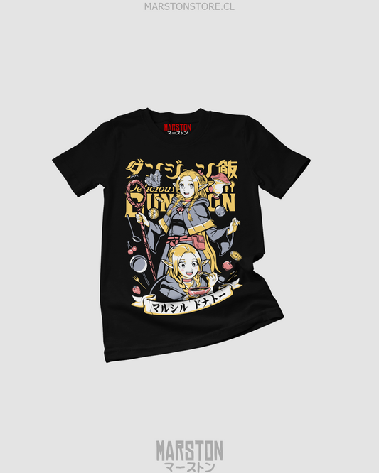 Polera negra de Dungeon Meshi con Marcille