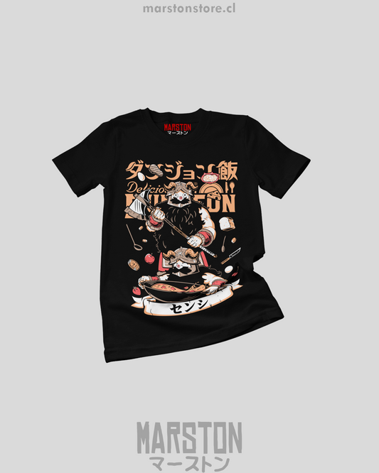 Polera negra de Dungeon Meshi con Senshi