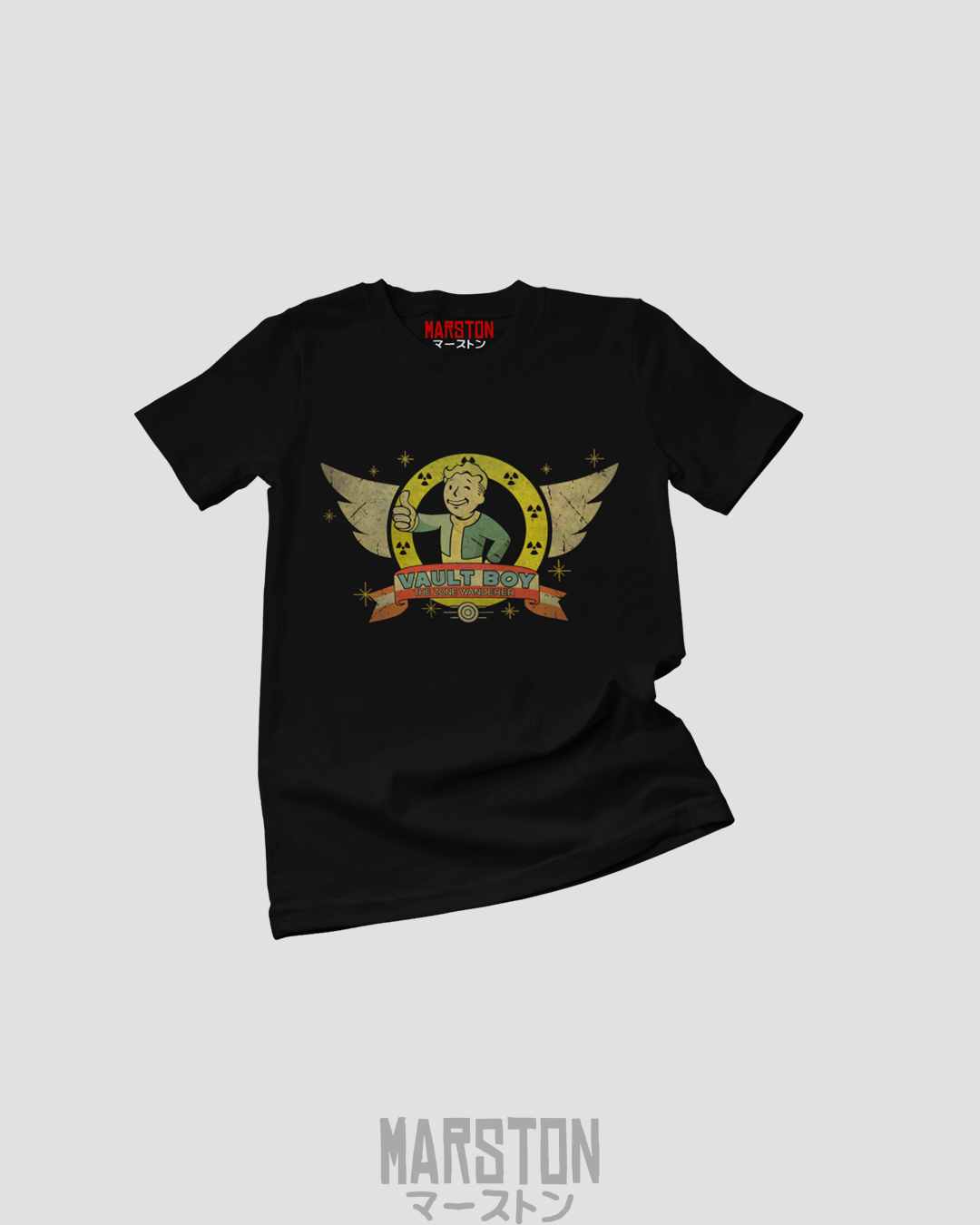 Polera negra crossover de Fallout con Vault Boy y Sonic the Hedgehog