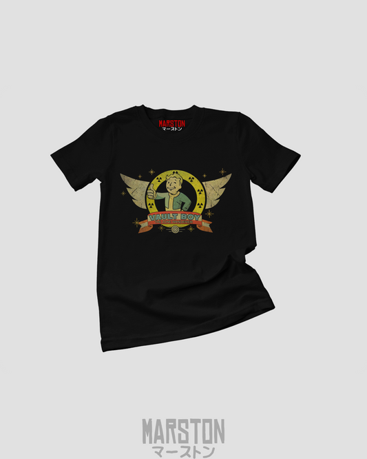 Polera negra crossover de Fallout con Vault Boy y Sonic the Hedgehog