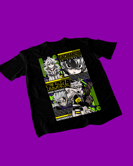 Polera negra de Gachiakuta con diseño anime