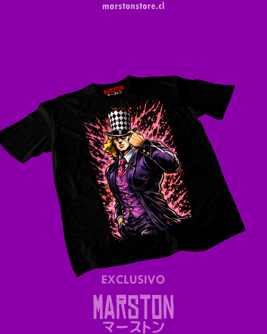 Polera negra de JoJo's Bizarre Adventure con Robert E. O. Speedwagon