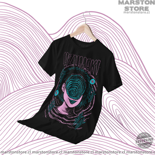 Polera negra de Junji Ito con diseño de Uzumaki