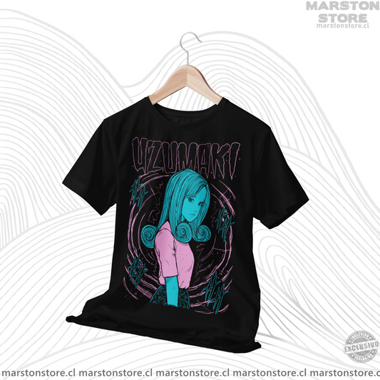 Polera negra de Junji Ito con diseño de Uzumaki