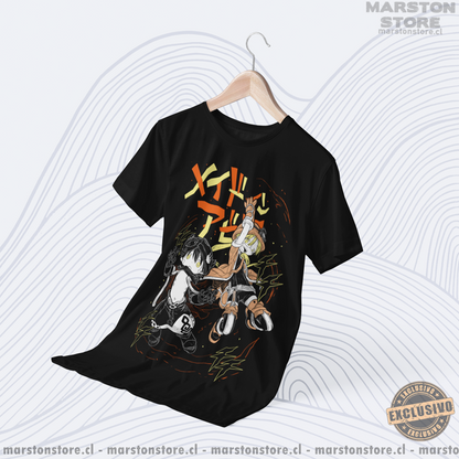 Polera negra de Made in Abyss con Riko y Reg